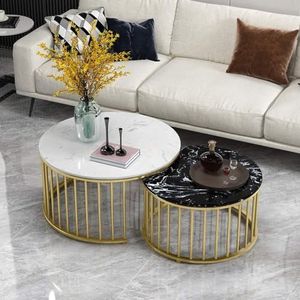 Salontafel Ronde Nesting Salontafel Set Modern Design End Side Table voor Woonkamer Scandinavische Sofa Tafel Center Tafels voor Thuis en Kantoor, Marmeren Top en Metalen Poten, Wit en Zwart