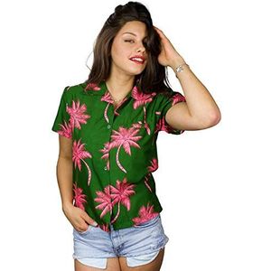 King Kameha Funky Hawaïblouse voor dames, korte mouwen, voorzak, Hawaii-print, strand, grote bloem, Palmshadow Groen Roze, M