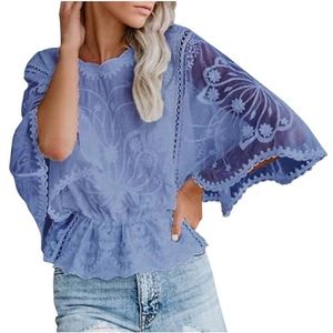 UPPJPBSW Dames Zomer Batwing Transparante Bloemenkant Blouse Sexy Doorschijnend Ontwerp, Stijlvol Casual voor Uitgaan,Blauw,L