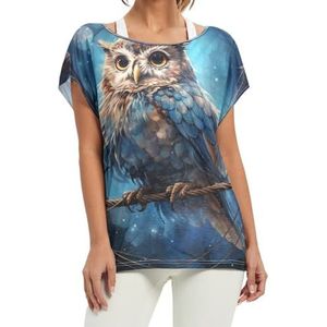 Space Blue Cool Owl dames korte vleermuismouwen shirt ronde hals T-shirts losse tops voor meisjes, Patroon, XL
