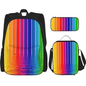 KoNsev Regenboog geometrische rugzakken met lunchbox etui voor college laptop rugzak 15 inch dagrugzak, Regenboog Gestreept, Eén maat