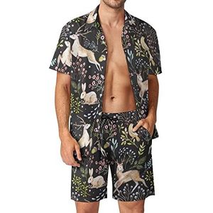 Herten konijn en bloemen mannen 2 stuks Hawaiiaanse sets losse pasvorm korte mouwen shirts en shorts strand outfits 3XL