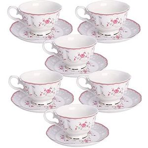 fanquare Engelse Bloemen Porselein Kop en Schotel Set, Vintage Roze Roos Koffie Kopjes met Schotels van 6, Kopjes en Schotels Set van 6, Theeservies voor Volwassenen