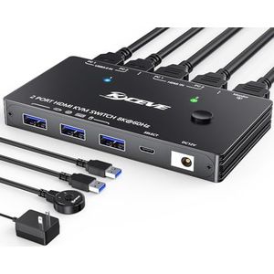 8K HDMI KVM Switch 8K@60Hz 4K@120Hz, MLEEDA USB 3.0 HDMI 2.1 KVM Switch voor 2 PC Delen 1 Monitor en Toetsenbord, Muis, Printer, HDCP 2.3, HDR 10, Met Kabelafstandsbediening en 2 USB 3.0 Kabel