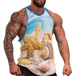 Zeester en schelpen met blauwe hemel heren tanktop grafische mouwloze bodybuilding T-shirts casual strand T-shirt grappige sportschool spier