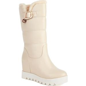 2023 Nieuwe Snowboots Met Gesp Dames Vintage Sleehak Halfhoge Laarzen Winter Pluche Gevoerde Enkellaarsjes PU-leer Hoge Laarzen Outdoor Warme Katoenen Schoenen (Color : Beige, Size : 39 EU)