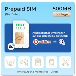 EIOTCLUB Prepaid SIM-kaart voor 5G/4G LTE-bewakingscamera, wildcamera, router, GPS-tracker, ondersteunt Vodafone, O2-netwerk, SIM-kaart alleen gegevens, zonder contract, zonder registratie