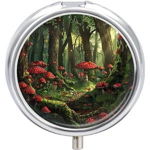 Paddestoelen en bomen ronde pillendoos draagbare metalen pillendoos 3 compartimenten kleine reispillenorganizer schattige vitamines houder organizer voor portemonnee zak