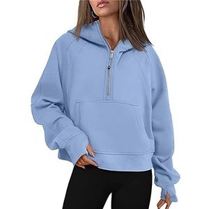 Womens Hooded Sweatshirts Half Zipper Pullover Cute Shirts for Teen Girls Clothes Crop Hoodie Fleece Lined Hoodies Cropped Long Sleeve Tops (Color : Blue, Size : XL)