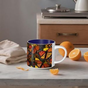 STVYUKL Keramische koffiemok 15 oz, grappige koffiemok met groot handvat monarch vlinders theekop geschenk beker voor latte, cacao, koffie marineblauw