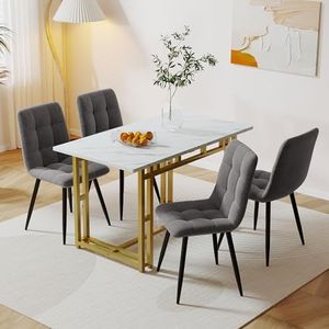 120 x 70 cm gouden eettafel met 4 eetkamerstoelen, moderne keukentafelset, linnen eetkamerstoelen, gouden ijzeren been-eettafel (donkergrijs)