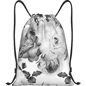 BTCOWZRV Trekkoord Rugzak Witte Bloemen Print Waterdichte String Bag Verstelbare Gym Sport Sackpack, Zwart, Small
