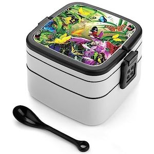 Kleurrijke Vlinder Bento Lunch Box Dubbele Laag All-in-One Stapelbare Lunch Container Inclusief Lepel met Handvat