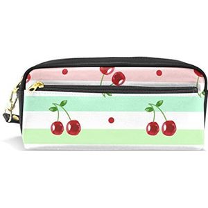 Eslifey Cherry met strepen Draagbare Pouch PU Lederen School Pen Case Stationaire Potlood Tassen Water Proof Cosmetische Tas Make-up Beauty Case