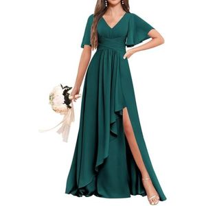 Chiffon bruidsmeisjesjurken voor dames, voor bruiloft, ruches avondgalajurken, cocktailjurken, grote maten, Turkoois, 52 grote maten