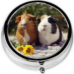 Pillendoosje met spiegel, retro pillendoosje met 3 vakken, cavia's, grappige kleine pillenorganizer voor portemonnee of zak, decoratieve metalen medicijn-vitamineorganizer, unieke geschenken