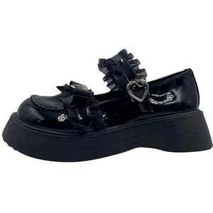 Klassieke dikke plateau-Mary-Jane-schoenen voor dames, lakleer, kant, enkelriempje-pumps, witte lolita-schoenen, Y2K-schoenen voor dames, zwart, 36 EU