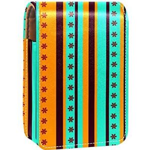 Bloemen Strepen Draagbare Lipstick Case voor Reizen,Mini Lipstick Opbergdoos met Spiegel voor Vrouwen Dames, Lederen Cosmetische Pouch, Meerkleurig, 9.5x2x7 cm/3.7x0.8x2.7 in