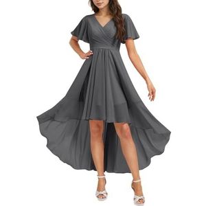 HPPEE Chiffon bruidsmeisjesjurk voor dames, met mouwen, geplooid, hoge lage V-hals, formele avondfeestjurk, Grijs, 32