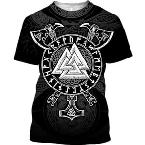 Viking Tomahawk Valkenute Totem T-shirt, Middeleeuwse Noordse 3D Thor's Hammer Tattoo Print Mannen Losse Pullover, Heidense Outdoor Street Plus Size Jas(T-shirt,XL)