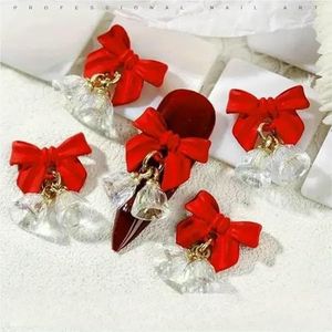 5 stuks feestelijke kerstbel rode strik nail art bedels nieuwjaar 2025 luxe kristallen aurora bel hanger nageldecoratie onderdelen - 5 stuks