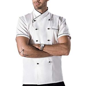 YWUANNMGAZ Unisex chef-kok jas korte mouw, mannen vrouwen koken jas restaurant ober uniform, keuken bakker dragen shirts catering bakkerij kleding (kleur: wit, maat: C (2XL))