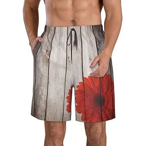 JIAWUJYNB Strandshorts voor heren, met rode bloemenprint, houten plank, lichtgewicht, sneldrogend, met trekkoord en zakken, Wit, XL