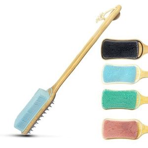 Rexzono Siliconen rugscrubber voor de gevoelige huid, exfoliërende lichaamsscrubber, badborstel met lange steel, loofah voor douche, zachte reinigingsscrub voor vrouwen en mannen, gemakkelijk schoon