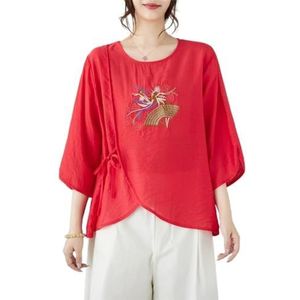 2024 Zomer Etnische Stijl Retro Chinese Tops Prachtige Borduren Hanfu Blouse Plus Size 3/4 Mouwen Flowy Shirt(Color:Red,Size:XL)
