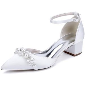 EICOFF Dames Chunky Gesloten Teen Pumps Lage Blokhak Trouwschoenen Vrouwen Satijn Enkelriem Parels Bruid Bruiloft Jurk Schoen,Wit,35 EU