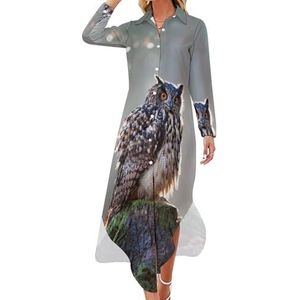 Eurasian Eagle Owl Maxi-jurk voor dames, lange mouwen, knoopsluiting, casual feestjurk, lange jurk, 2XL