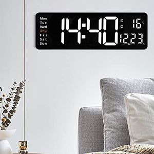 Pumpumly Grote digitale wandklok, 39 cm slaapkamer wandklok LED-display met afstandsbediening, kalender, temperatuur, tellen omhoog/omlaag, 12/24 uur, bureau wekkers voor slaapkamer woonkamer senioren ouderen