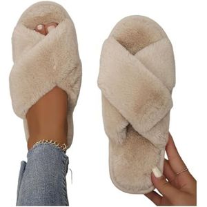 XHYDDLKJ Open teen slippers voor meisjes warme donzige pantoffels vrouwen winter warm pluche indoor pluizige schoenen vrouw zachte zool open teen thuis katoenen slippers, Bruin, 36/37 EU