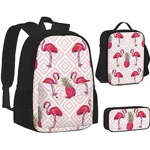 TOMPPY Roze Flamingo ananas bedrukte boeken tas met lunchtas en etui voor elementaire, 3 stuks rugzak sets, Zwart, Eén maat, Schooltas Set