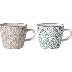 Bloomingville Mokken met handvat Isabella Retro koffiemok theekop vintage dikwandig ø 9,5 x H 8 cm, lavendelblauw, keramiek, set van 2, inhoud ca. 280 ml