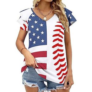 Amerikaanse vlag honkbal kant dames casual tuniek tops ruches korte mouwen T-shirts V-hals blouse T-shirt