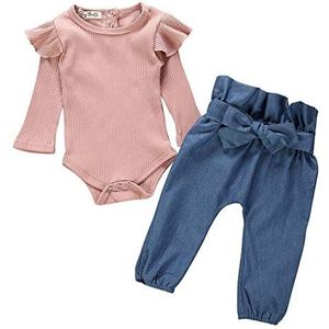 Bienwwow Pasgeboren Baby Meisjes Romper Bodysuit Jeans Lange Mouw Outfits Set (Roze, 0-6 Maanden)