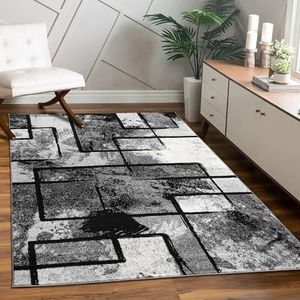 Designervloerkleed Modern Laagpolig Abstract Schilderij-Look Zwart/Grijs/Antraciet, Maat:160x230 cm