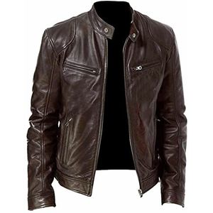 Mens PU Leather Jacket Classic Fashion Biker Jacket Motorcycle Coat with Pockets Stand Collar Motorbike Outwear