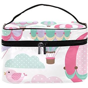 Flamingo en groene bladeren reizen make-up tas grote cosmetische tas make-up case organizer rits toilettas voor vrouwen meisjes, Kleurrijke Cartoon Hot Air Ballon Patroon, 22.5x15x13.8 cm/8.9x5.9x5.4 inch,