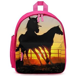 Lichtgewicht Schooltassen voor Meisje Jongen Kleine Simpel Schoolrugzak Casual Dagrugzak Schattig voor Kinderen Zonsondergang paard