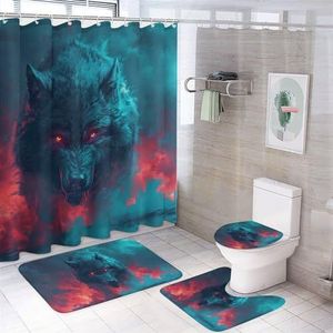 DEBAOKA Retro felle wolf badkamer douchegordijn set mysterie fantasie monster dier 4 stuks douchegordijnsets, toiletdeksel en badmat douchegordijnen voor badkamer met 12 haken