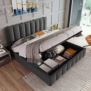 Hydraulisch tweepersoonsbed, gestoffeerd bed, 140 x 200 cm, verstelbaar hoofdeinde, bed met lattenbodem van metalen frame, linnen materiaal, modern bedframe met opbergruimte, grote opbergruimte, grijs