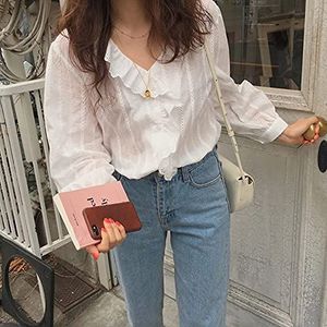 NJUDE 2023 Lente Koreaanse Stijl Effen Katoen Casual Womens Tops En Blouses Zoete Ruches V-hals Lange Mouw Shirt Vrouwen Dames Tops