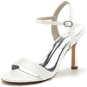 GHSIRUEU Vrouwen hoge hak sandalen ronde open teen enkelband satijnen bruiloft schoenen voor bruid formele Prom Party jurk sandalen,ivoor,43 EU