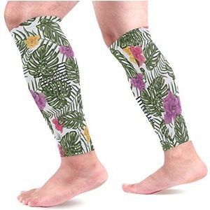 EZIOLY Gekleurde bloemen en groene bladeren sport kalf compressie mouwen been compressie sokken kuitbeschermer voor hardlopen, fietsen, moederschap, reizen, verpleegkundigen
