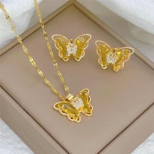 Fashion Light Luxury Design Butterfly Set Earrings Necklace Classic Personality Micro-inlaid Transparent Crystal Stainless -X1256-yellow-50cm