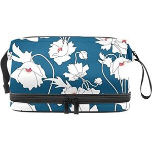 Grote capaciteit reizen cosmetische tas, wit cymbidium donkerblauw, make-up tas, waterdichte make-up tas organisator, Meerkleurig, 27x15x14 cm/10.6x5.9x5.5 in