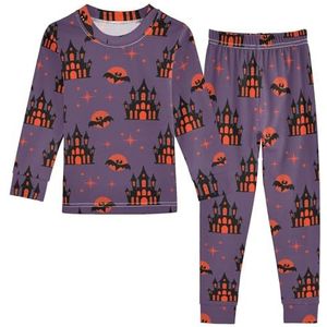 LI ZHI XIN Paj-set voor kinderen, katoen, jongens, meisjes, nachtkleding, set met lange mouwen, 2-delige huiskleding, nachtkleding voor kinderen, leeftijd 1-8 jaar, Halloween, kasteel, maan, ster
