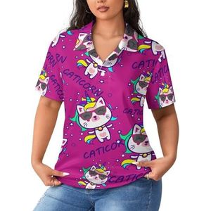 Eenhoorn kat dames sportshirt korte mouw T-shirt golfshirts tops met knopen workout blouses